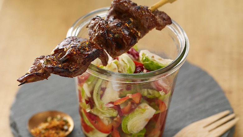 Japanese 7-Spice Beef Skewers With Brussels Sprouts Salad