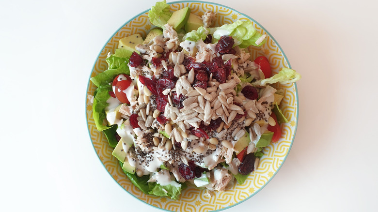 Tuna salad with cranberries in bowl on white counter