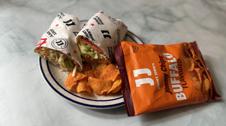 Jimmy John's Fetty W(r)ap Meal featuring a wrap and chips on a plate