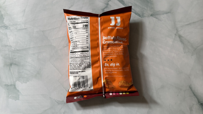 The back of a Jimmy John's Buffalo flavored Jimmy Chips bag