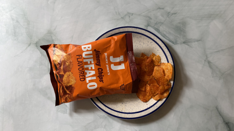 Jimmy John's Buffalo flavored Jimmy Chips in the packet and on a plate