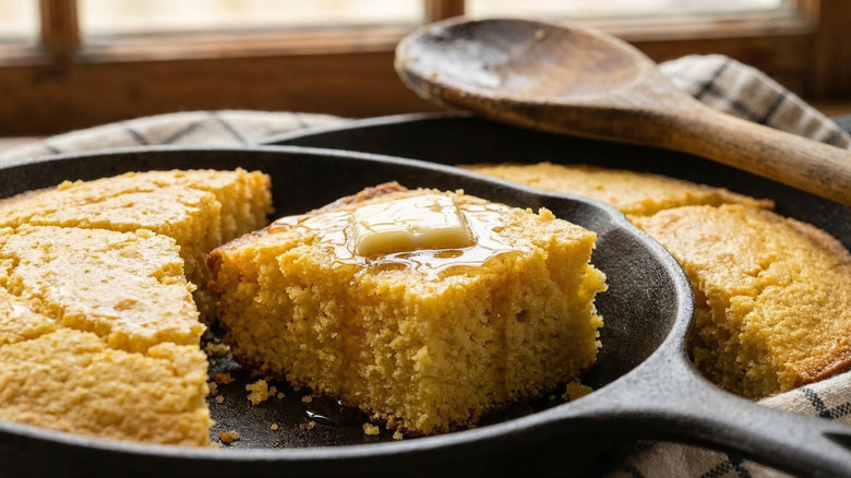 Honey butter cornbread in a cast iron skillet