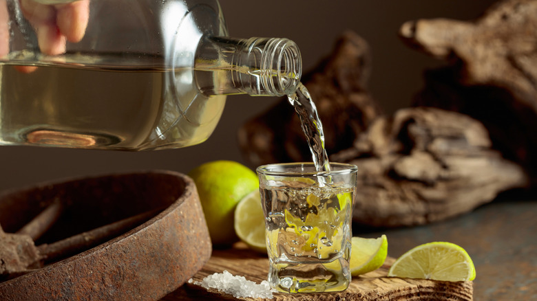 Tequila being poured into a shot glass