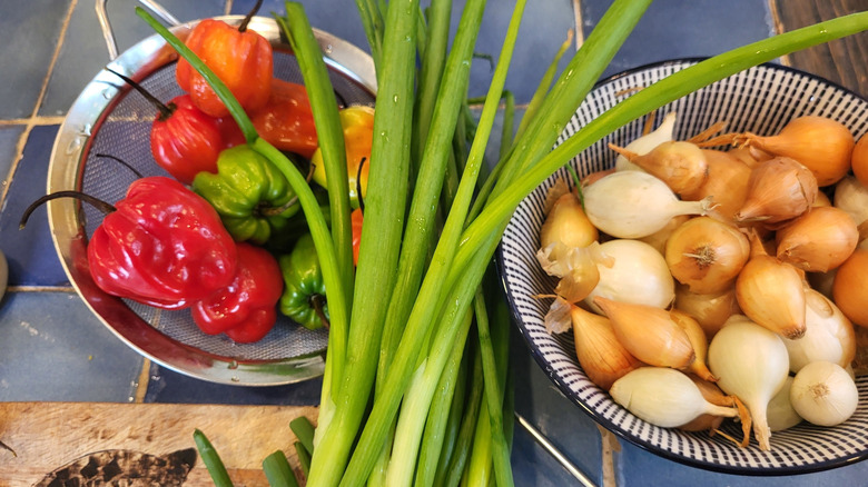 Scotch bonnet peppers and onions