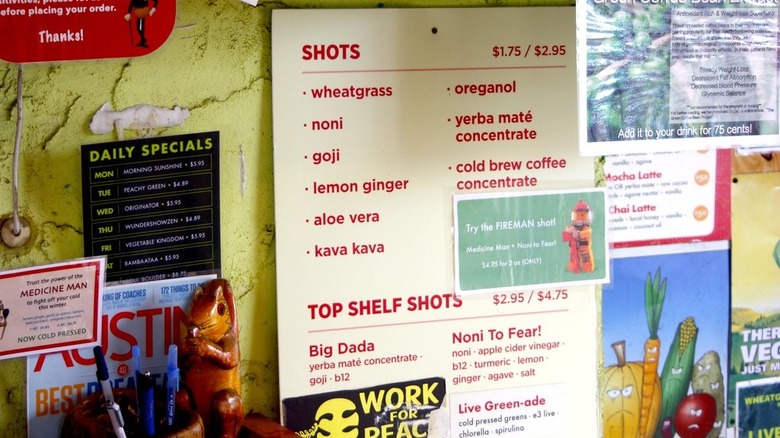 shots menu at Juiceland