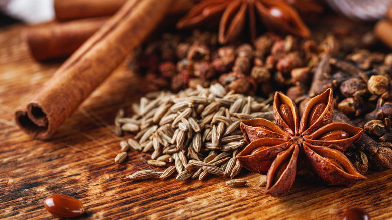 Close up of cinnamon stick, fennel seeds, peppercorns, star anise on wood surface