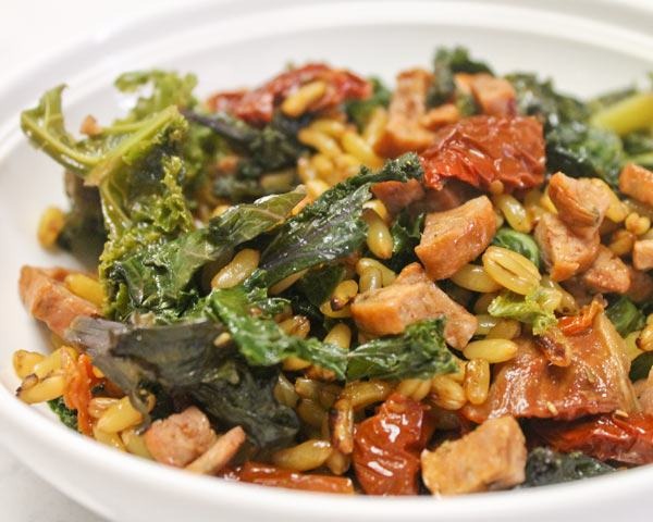 Kamut with Andouille Chicken and Turkey Sausage, Sun-Dried Tomatoes, and Kale