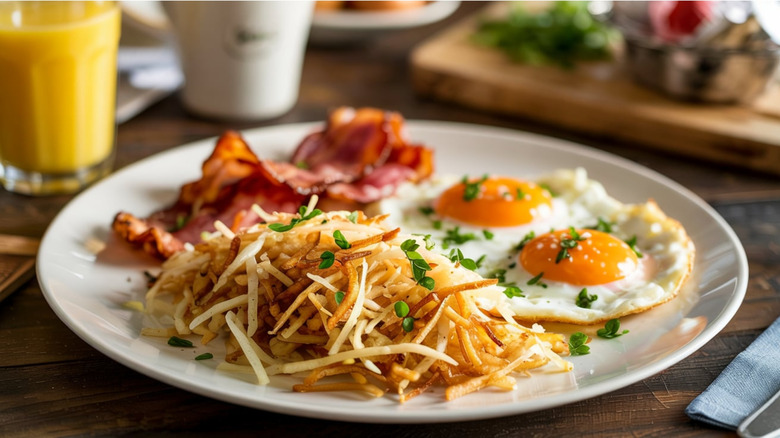 Diner style breakfast with eggs and bacon on a plate.