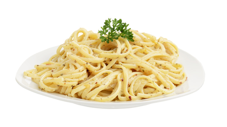 Creamy pasta topped with parsley