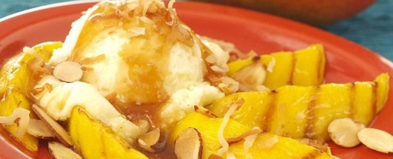 Grilled Mango with Spicy Rum Glaze and Vanilla Ice Cream