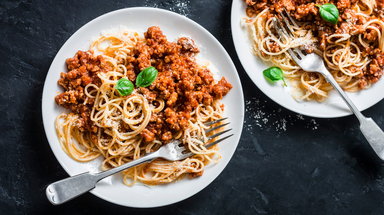 plates of vegetarian spaghetti bolognese