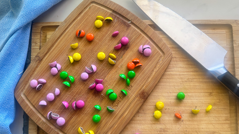 m & m's on cutting board