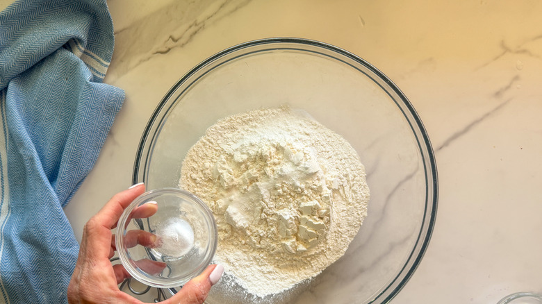 hand adding salt to bowl