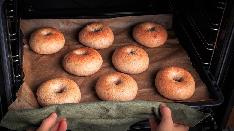 Bagels being taken out of the oven 