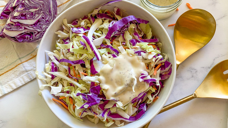 Coleslaw made with red cabbage and dressing