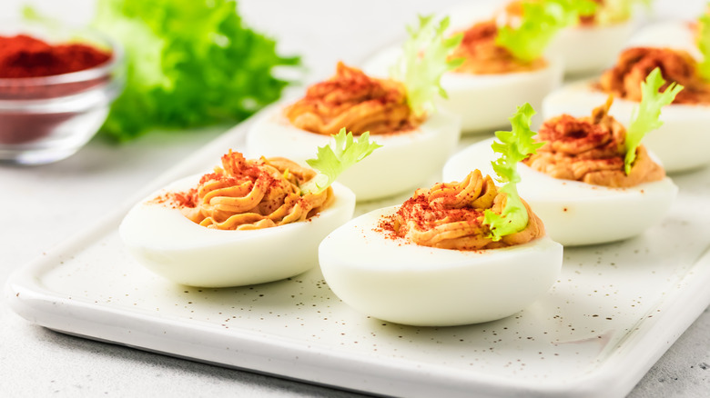 Tray of spicy deviled eggs