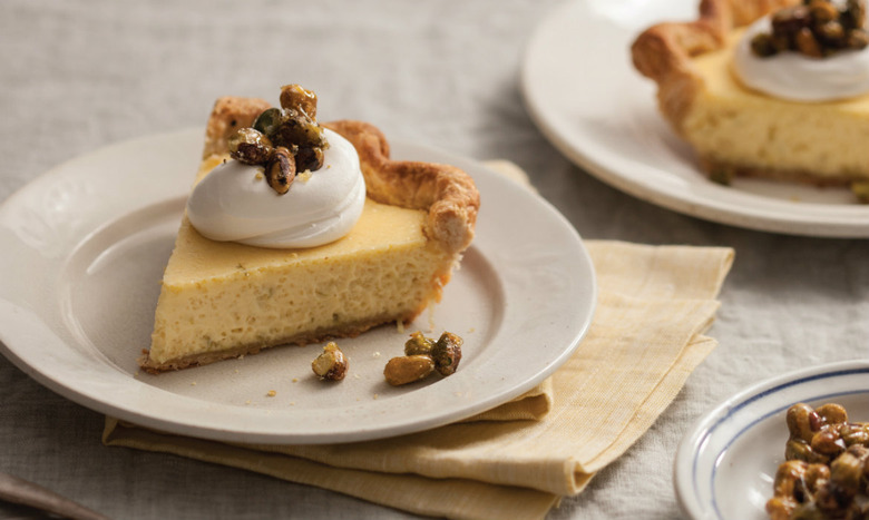 Lime Custard Pie with Basil Cream and Pistachio Praline
