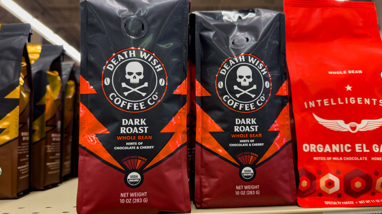 Bags of Death Wish coffee on store shelf