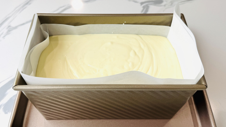 Cheesecake batter in loaf pan