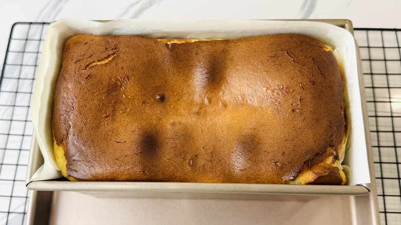 Baked Basque cheesecake loaf right out of the oven
