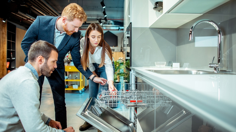 Couple and salesman with dishwasher