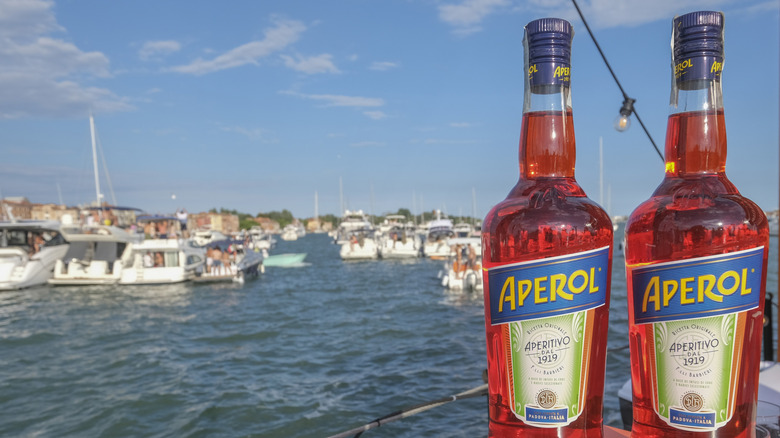 Bottles of Aperol on a boat