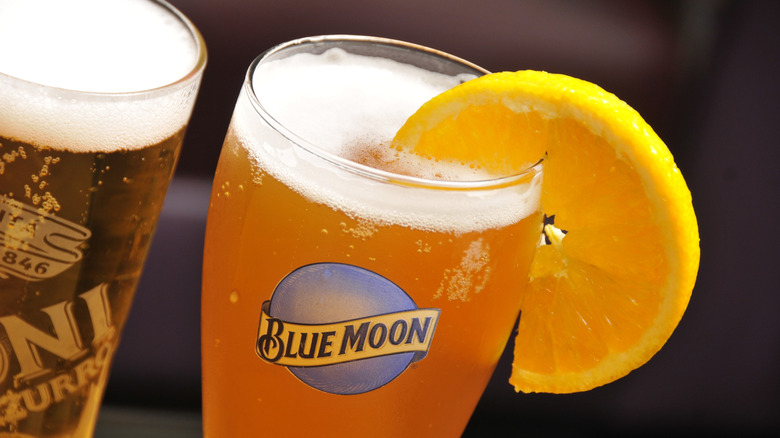 Glass of blue moon with orange slice