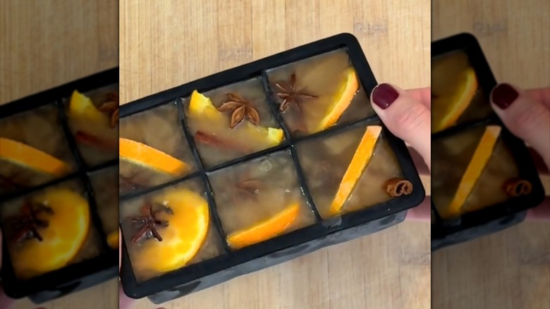 Hands holding silicone ice cube tray with seasoned cubes