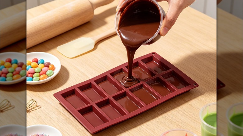 hand pouring chocolate into molds