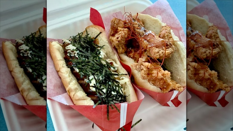 Japadog Japanese style hotdogs with greens and chicken