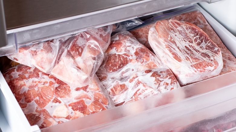 Frozen meat in a freezer