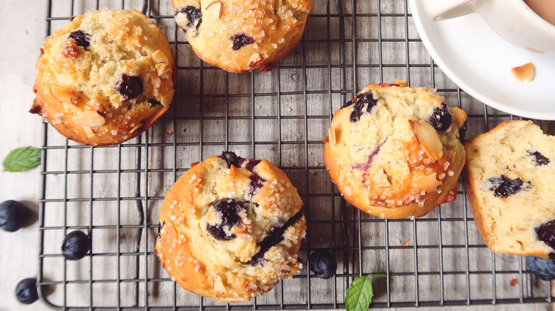 Homemade blueberry muffins on a wire tray