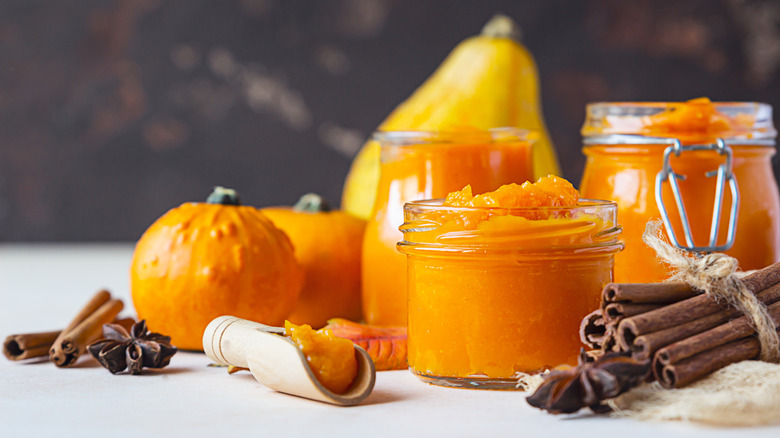 Glass jars filled with pumpkin puree