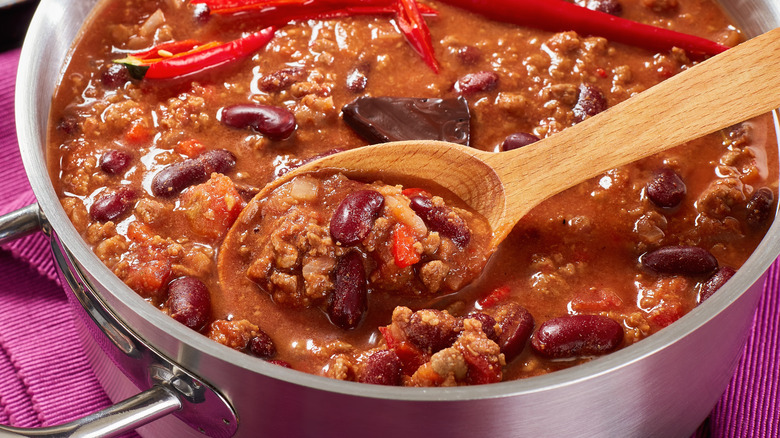 Chili in pot with spoon