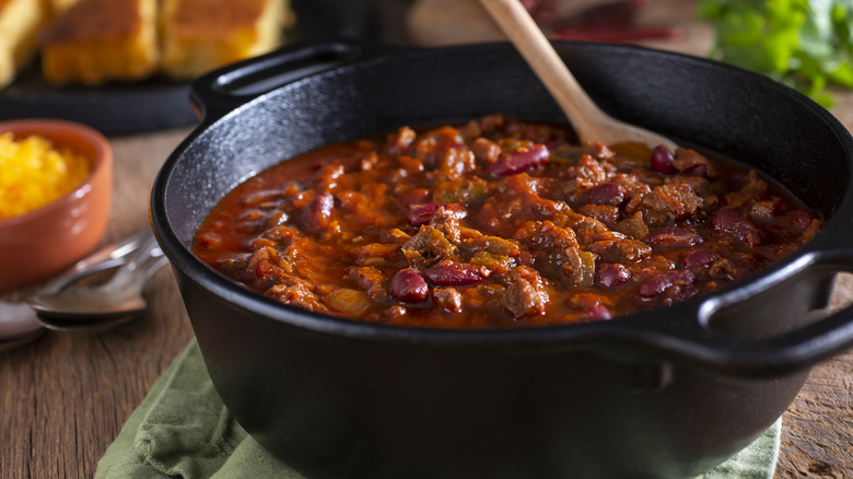 cast-iron pot of chili