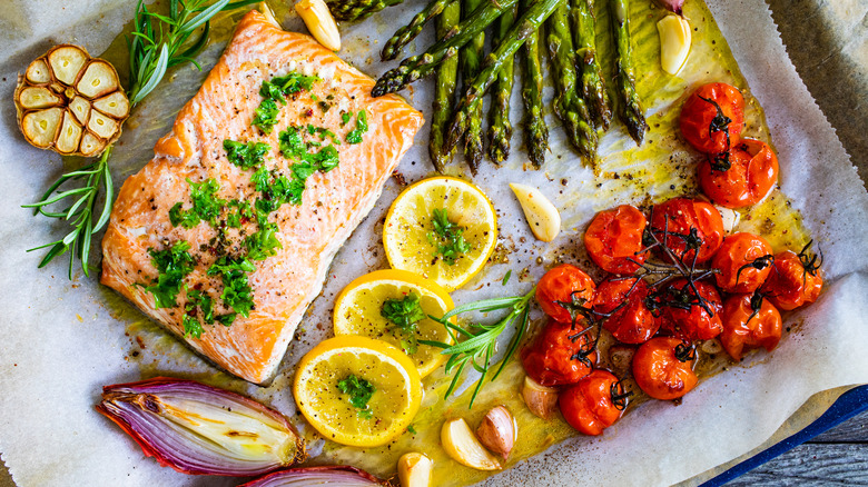 Roasted salmon and vegetables in a single pan for dinner