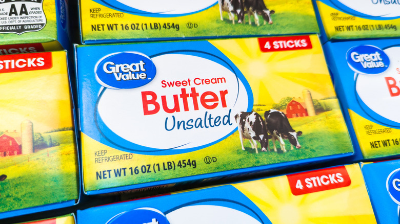 A block of Great Value Unsalted Sweet Cream Butter on a shelf