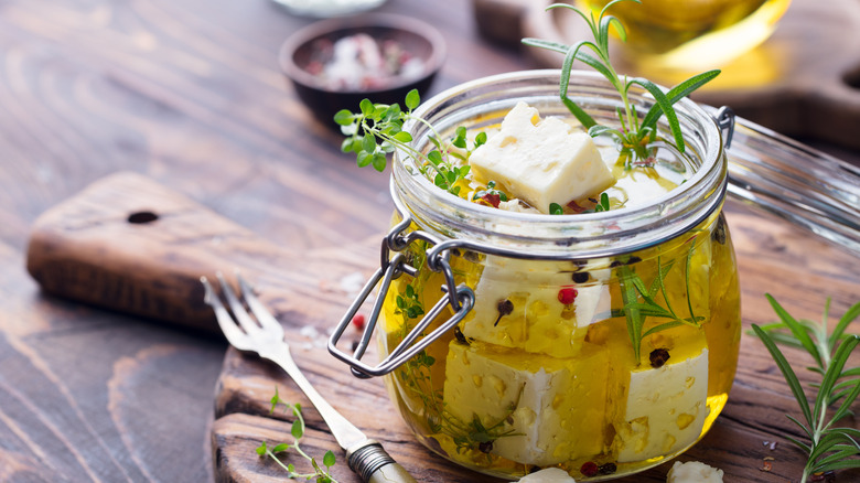Marinaded feta in a jar
