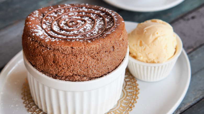 Chocolate soufflé and vanilla ice cream