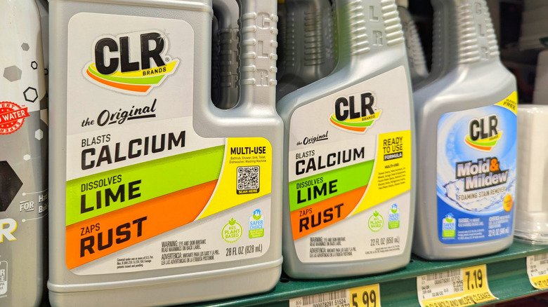 Containers of CLR Brands cleaners on a shelf