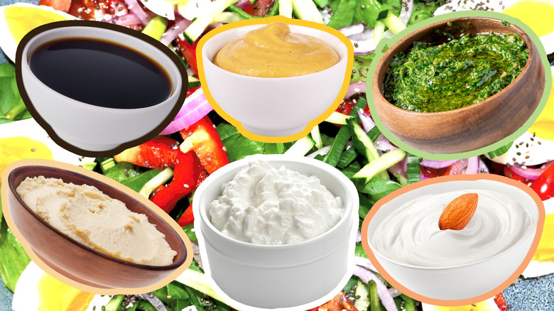 Composite image of condiments on egg salad background