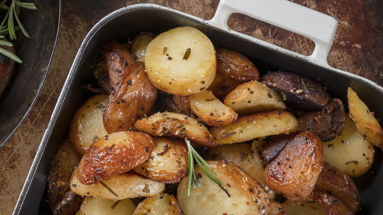 roasted potatoes in baking pan