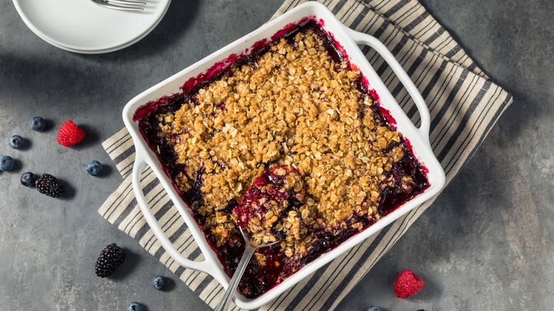 Blueberry crisp in square bakeware
