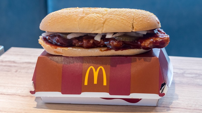 McRib sandwich on a table at McDonald's
