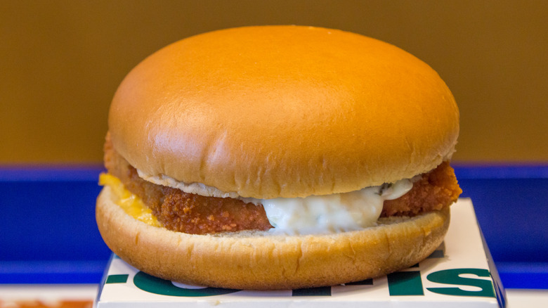 mcdonalds fish sandwich topped with tartar sauce