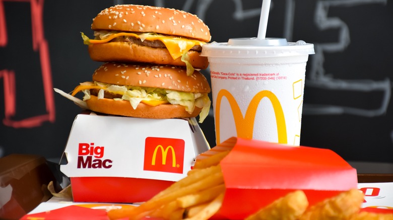 McDonald's fries, burgers, and drink 