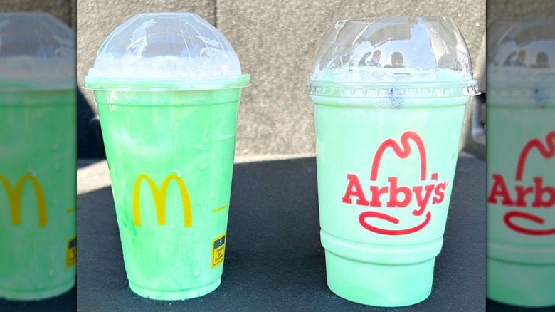 McDonald's Shamrock Shake and Arby's Andes Mint Chocolate Shake side by side