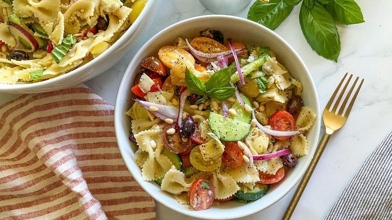 bowl of Mediterranean pasta salad
