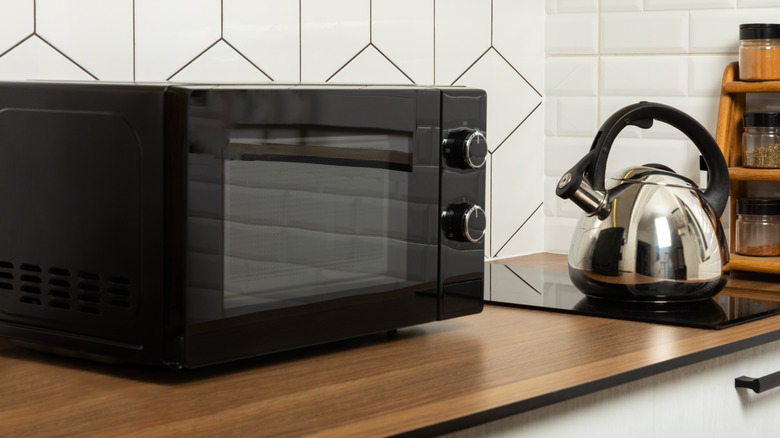 Microwave oven on counter