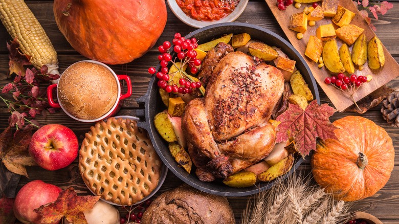 Overhead shot of turkey dinner